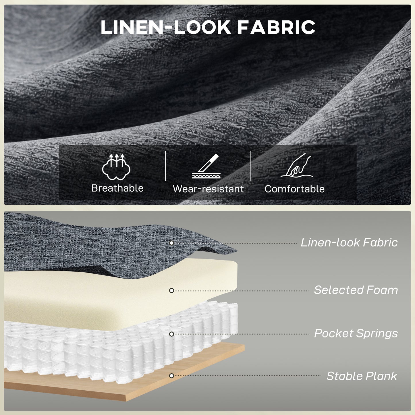 Causeuse 2 places moderne tissu lin avec ressorts