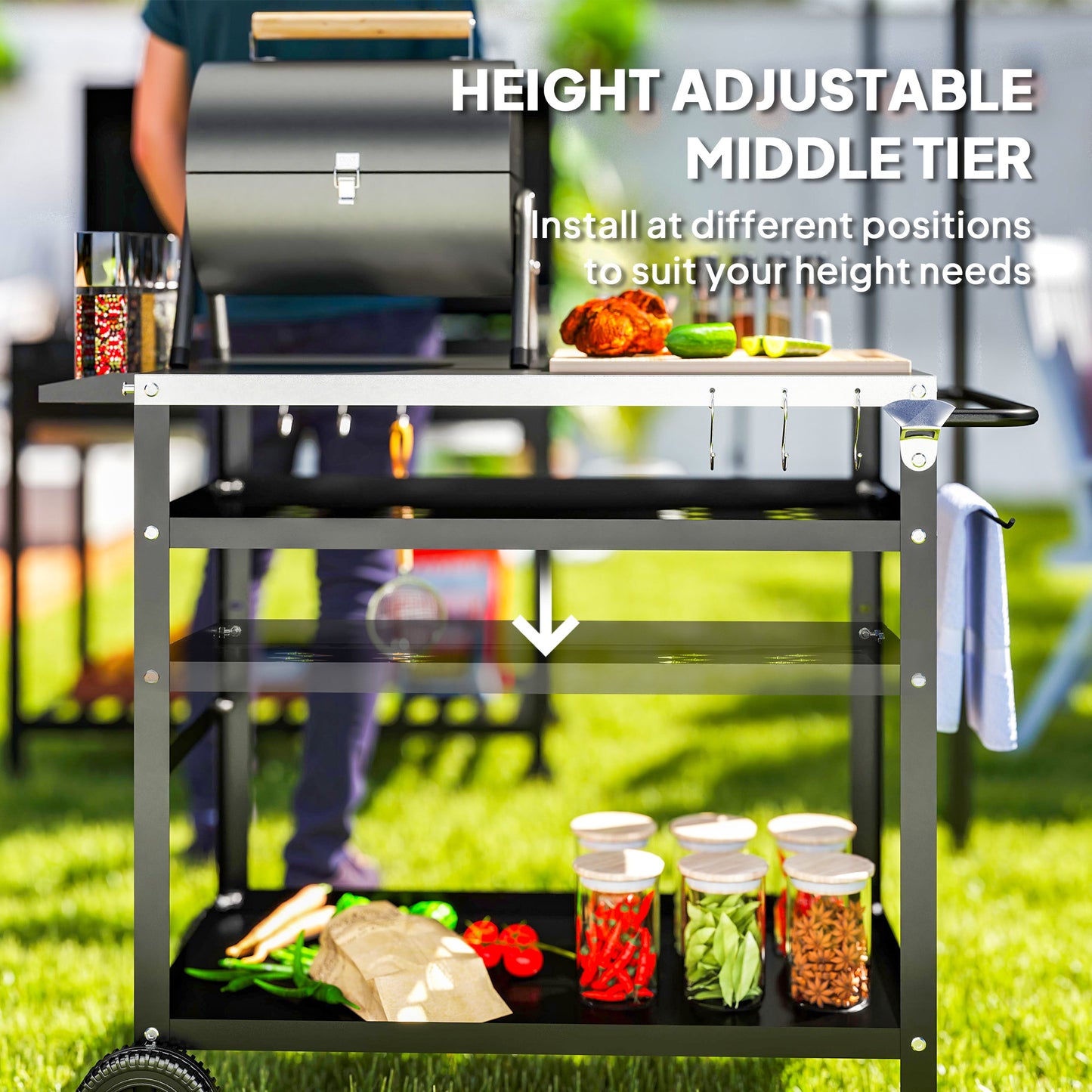 Chariot BBQ pliant acier inoxydable avec tablettes roulettes