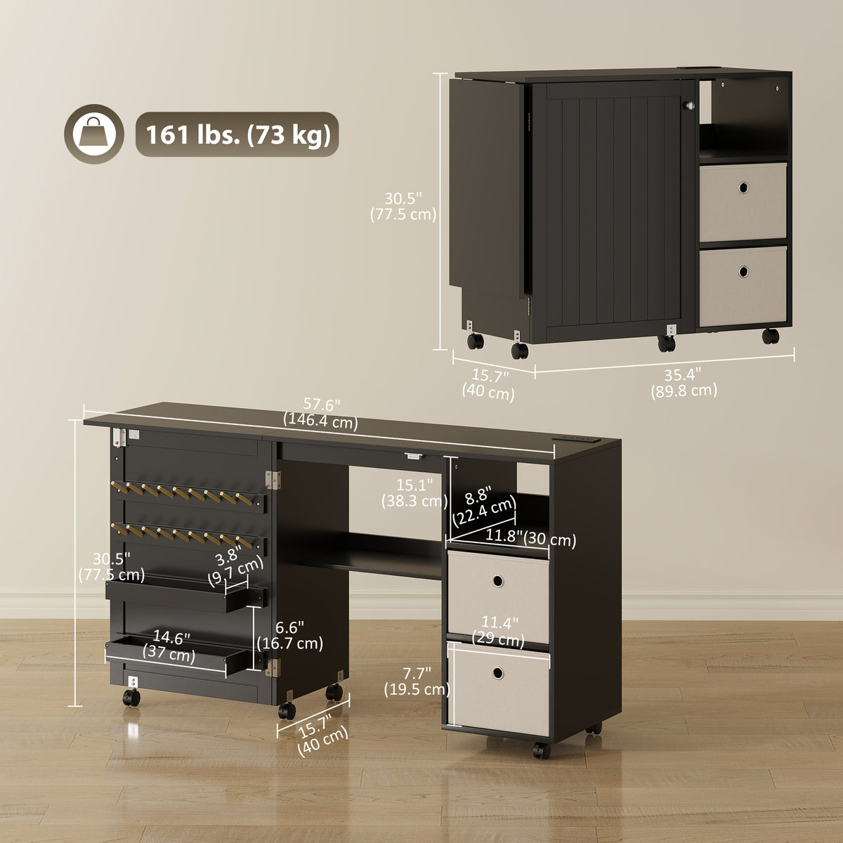 Table à coudre roulante avec prise électrique
