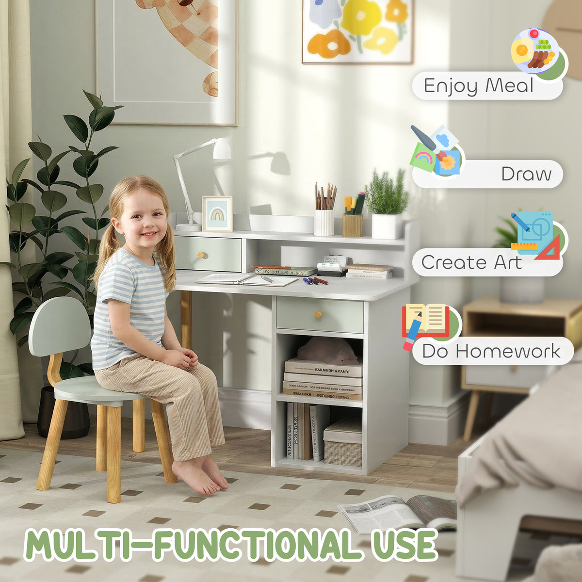 Bureau d'étude et chaise pour enfants avec rangement