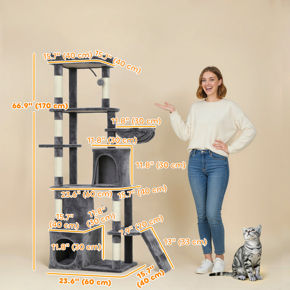 Arbre à chats 67 po multi-niveaux avec 7 griffoirs — gris foncé