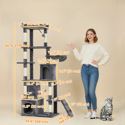 Arbre à chats 67 po multi-niveaux avec 7 griffoirs — gris foncé