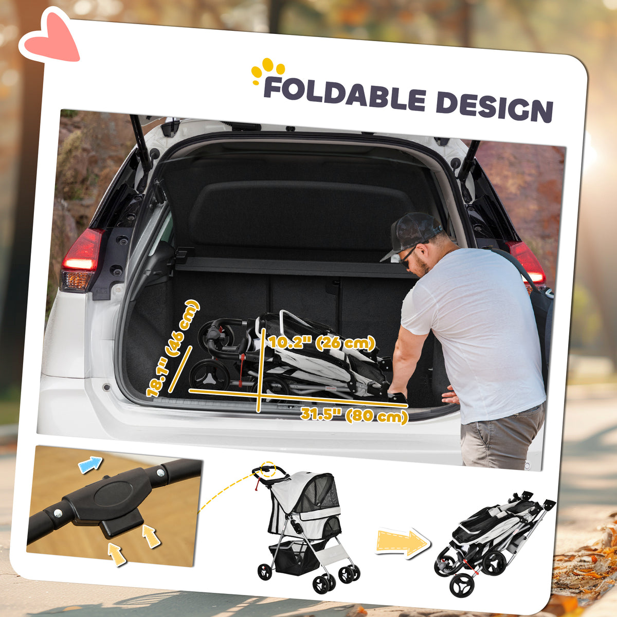 Poussette pour animaux pliable avec freins — grise