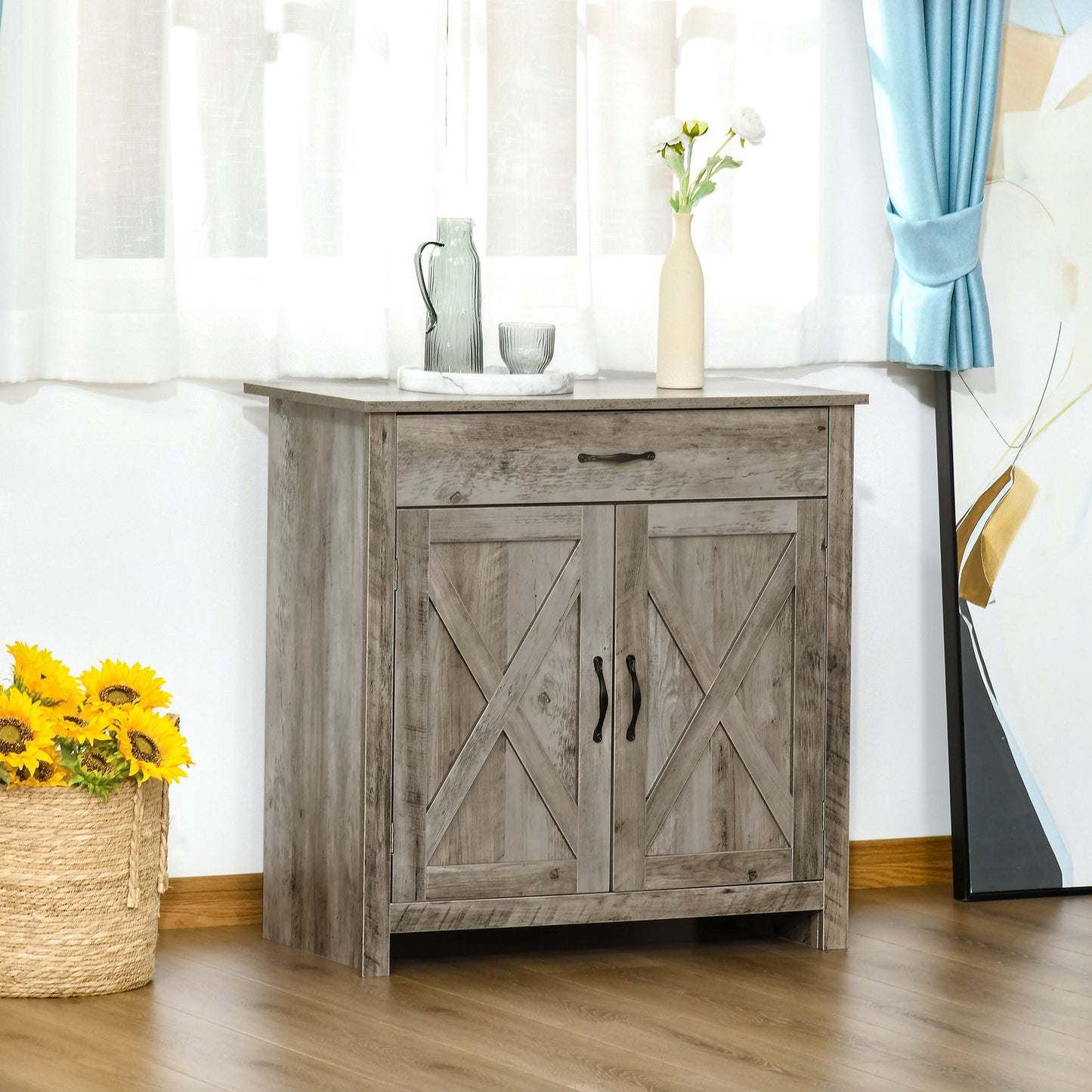 Buffet campagnard avec portes de grange et tiroir