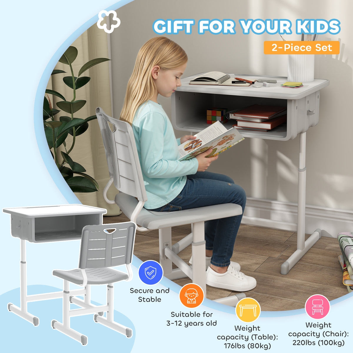Bureau et chaise enfant ajustables — gris