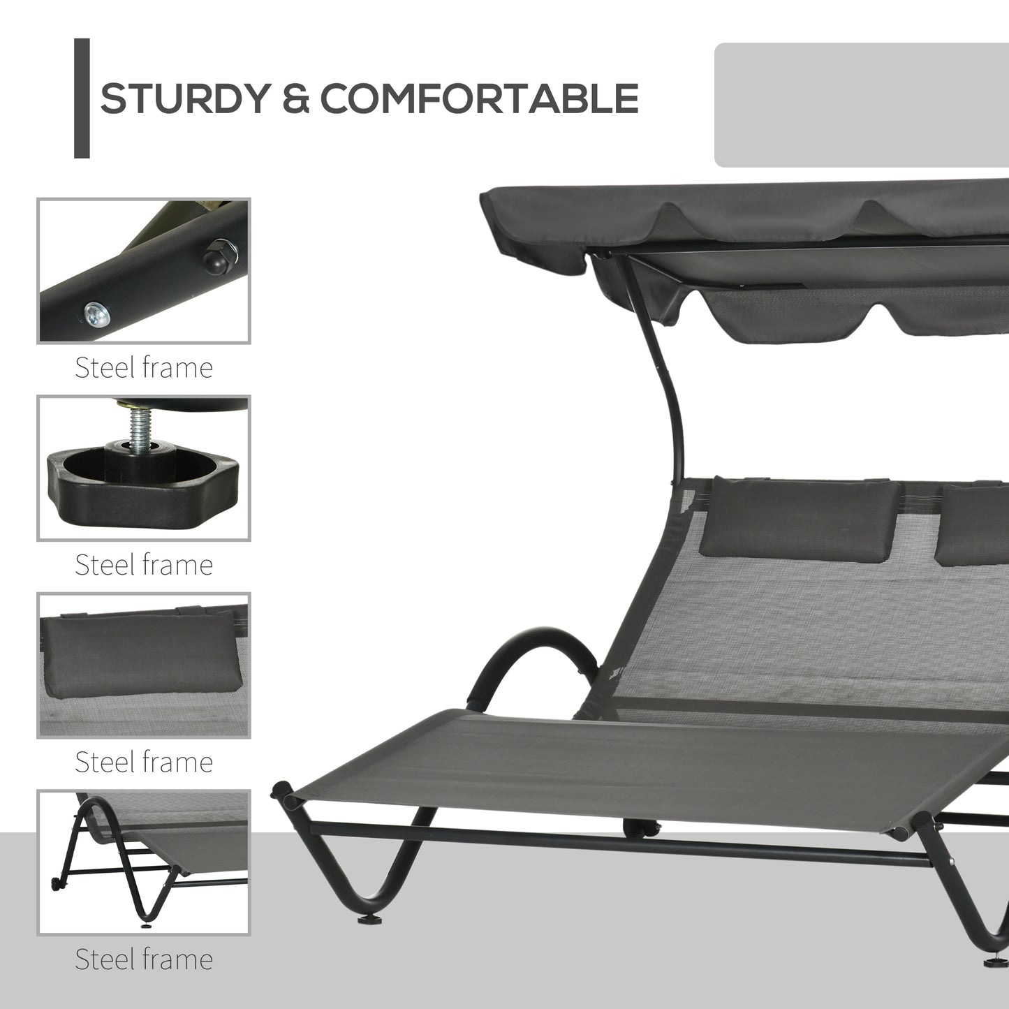 Chaise longue double avec parasol et roulettes
