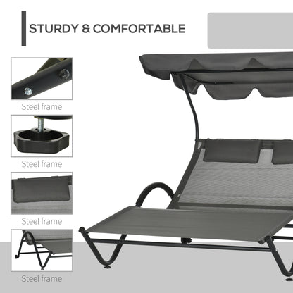 Chaise longue double avec parasol et roulettes