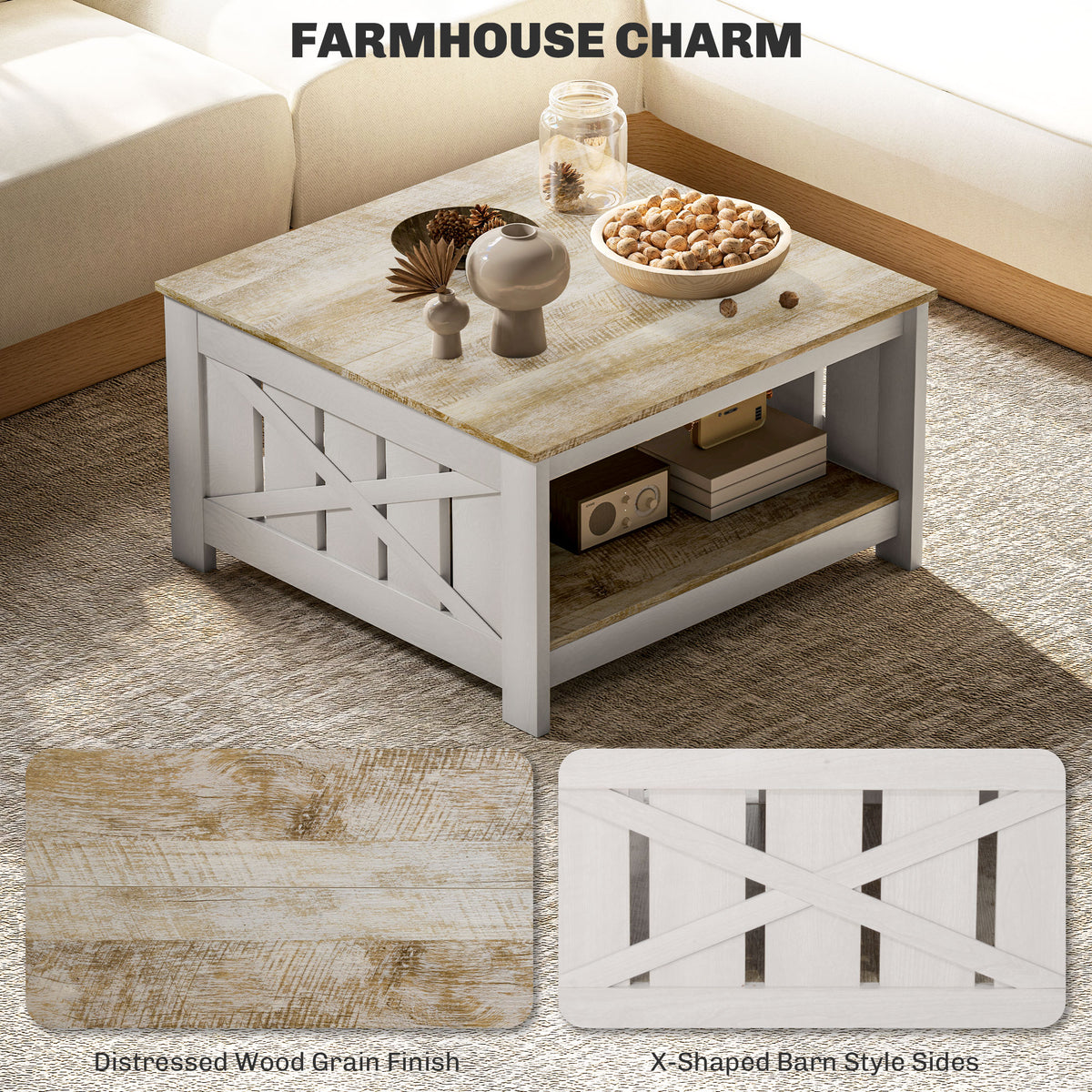 Table basse carrée style campagnard 2 niveaux 80 x 80 cm