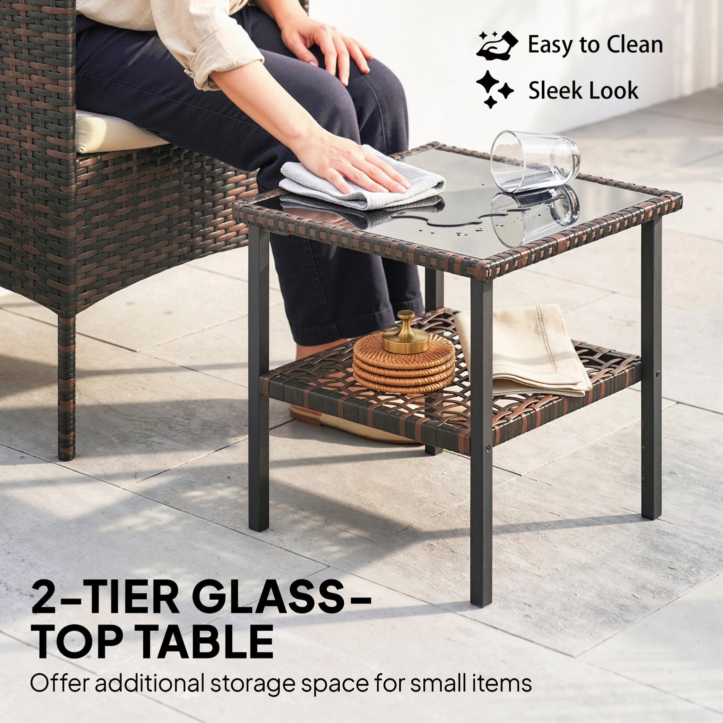 Ensemble bistrot 3 pièces rotin avec table verre — kaki
