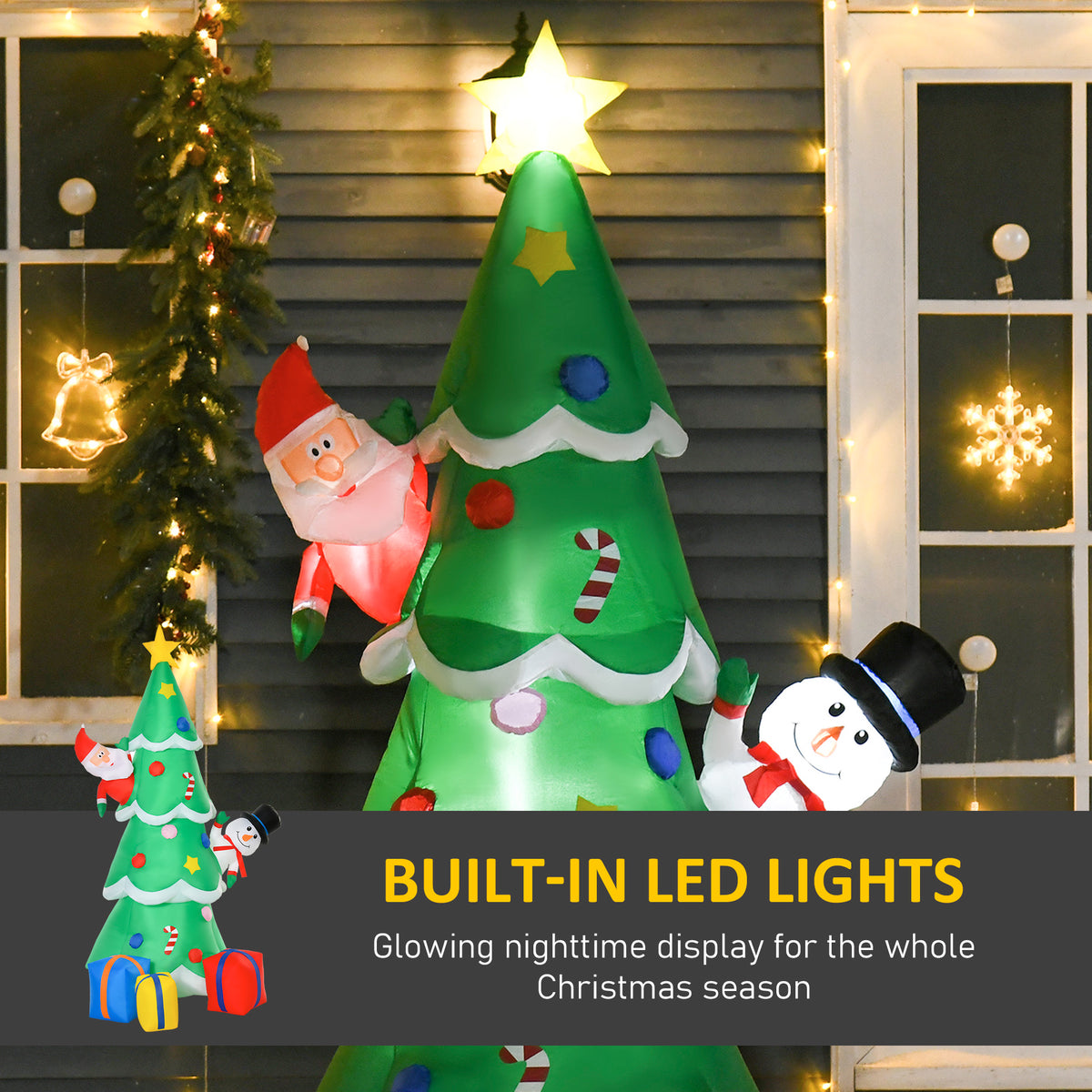 Sapin gonflable Noël avec LED, Père Noël et chien