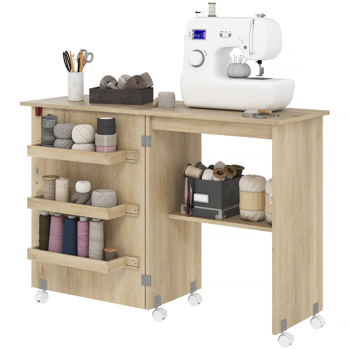 Meuble à coudre pliant avec rangement et roulettes
