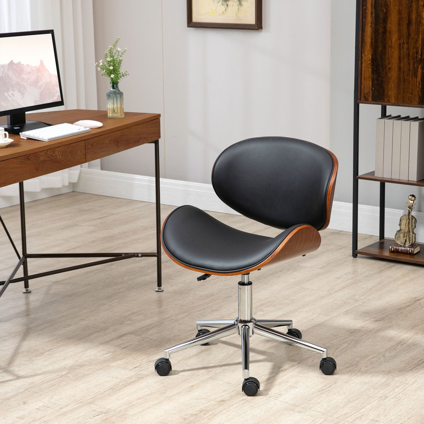 Chaise de bureau pivotante simili-cuir et bois courbé