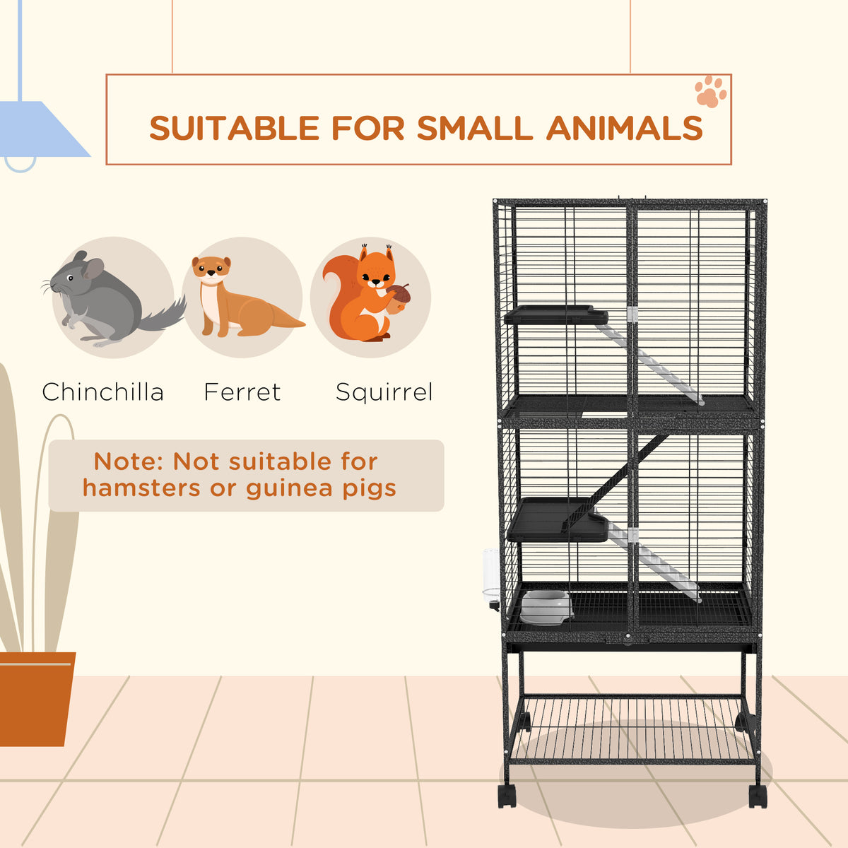 Cage à roulettes pour petits animaux à 4 niveaux