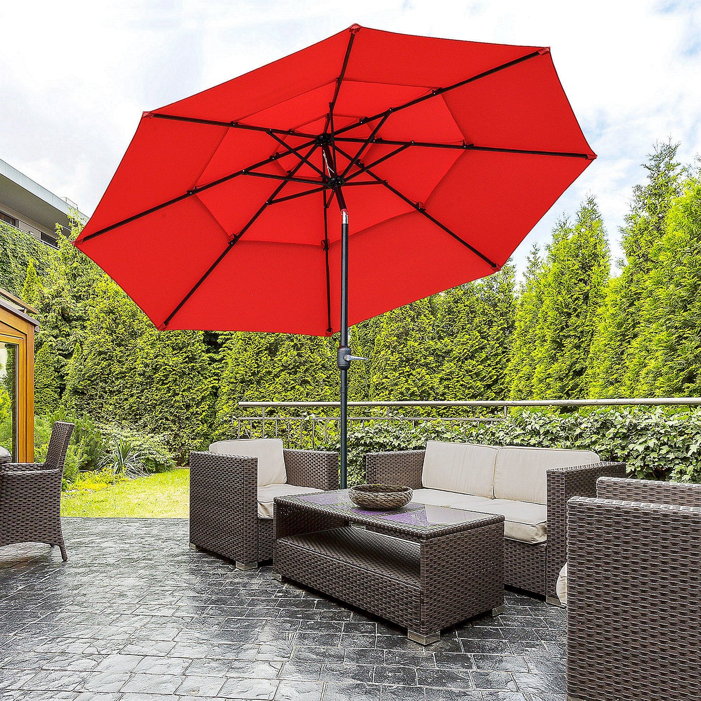Parasol de patio 3 niveaux à manivelle 274 cm