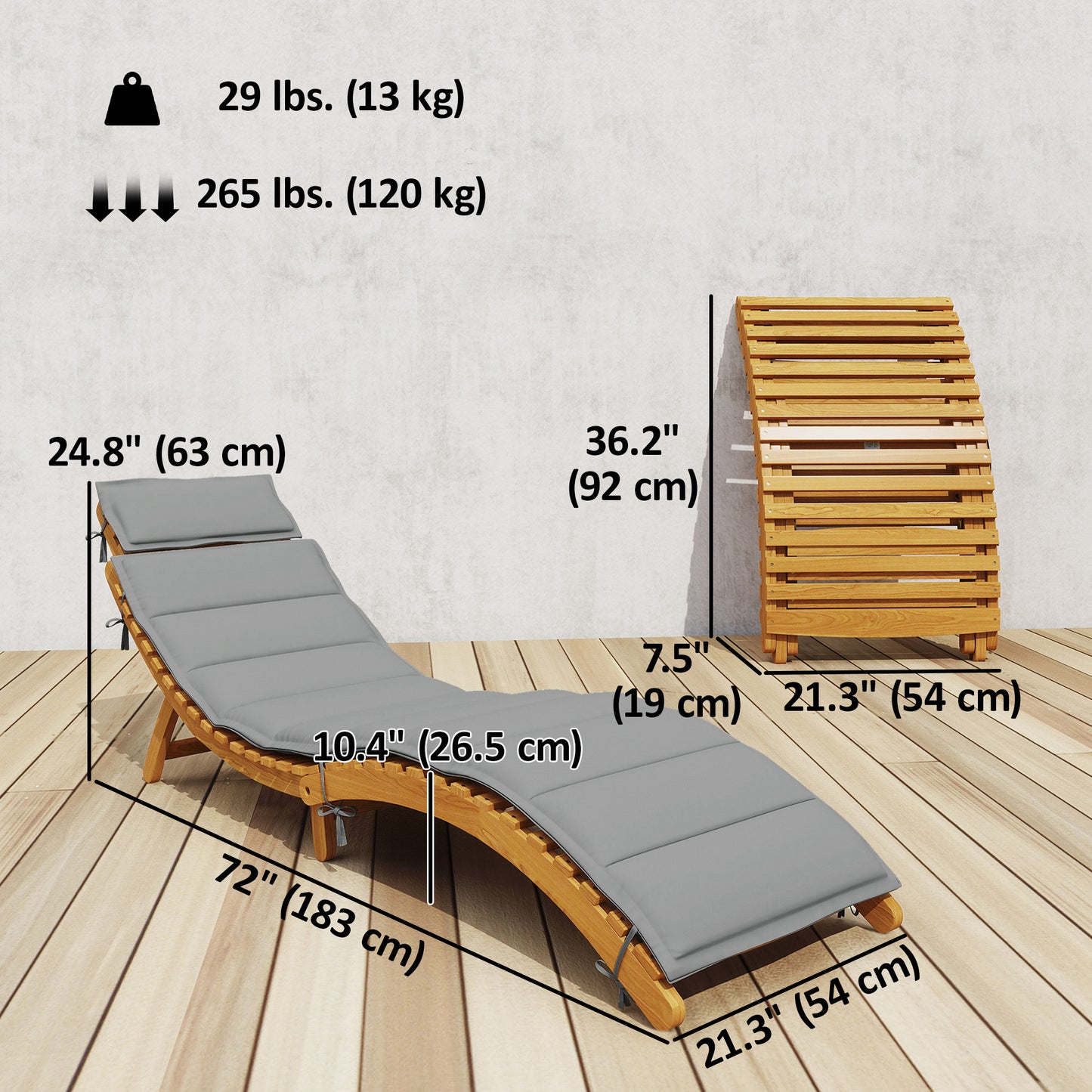 Chaise longue pliante en bois d'acacia avec coussin