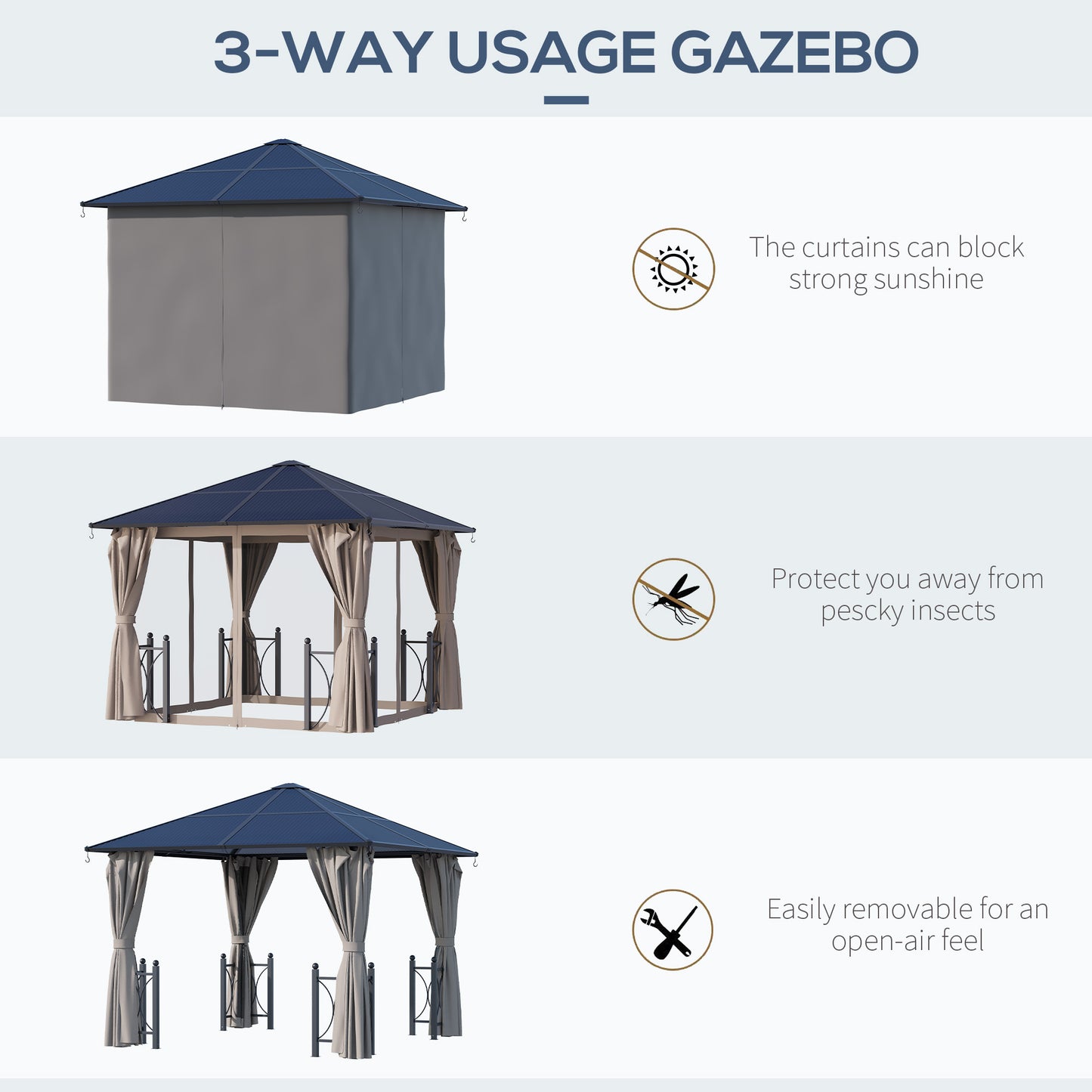 Gazebo rigide aluminium avec toiture PC et moustiquaire