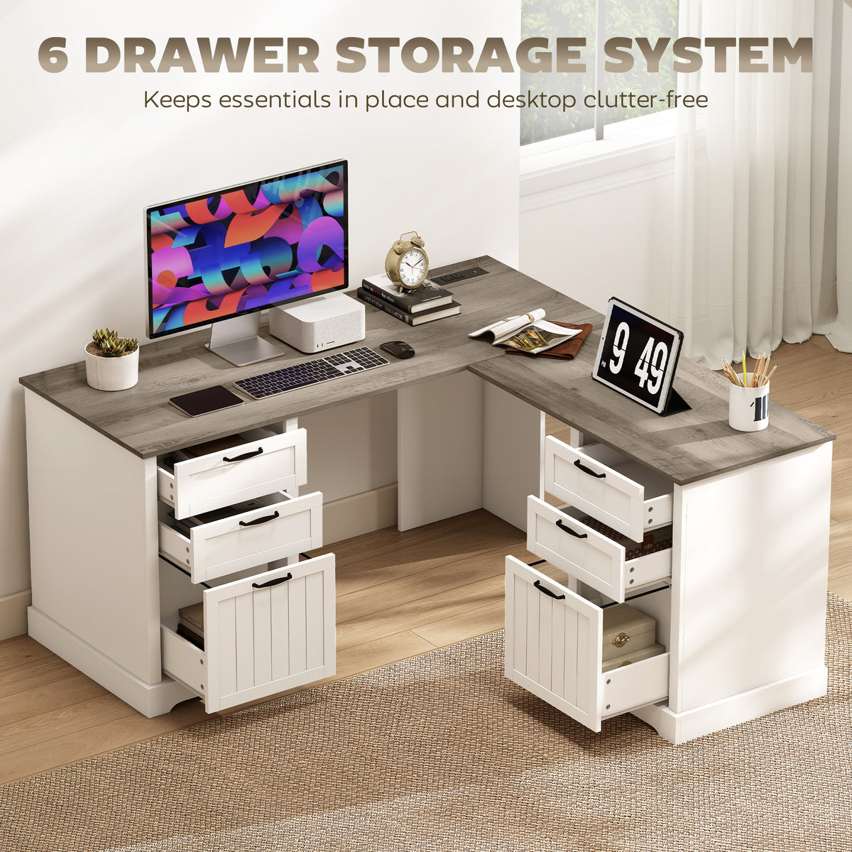 Bureau en L avec prises et six tiroirs