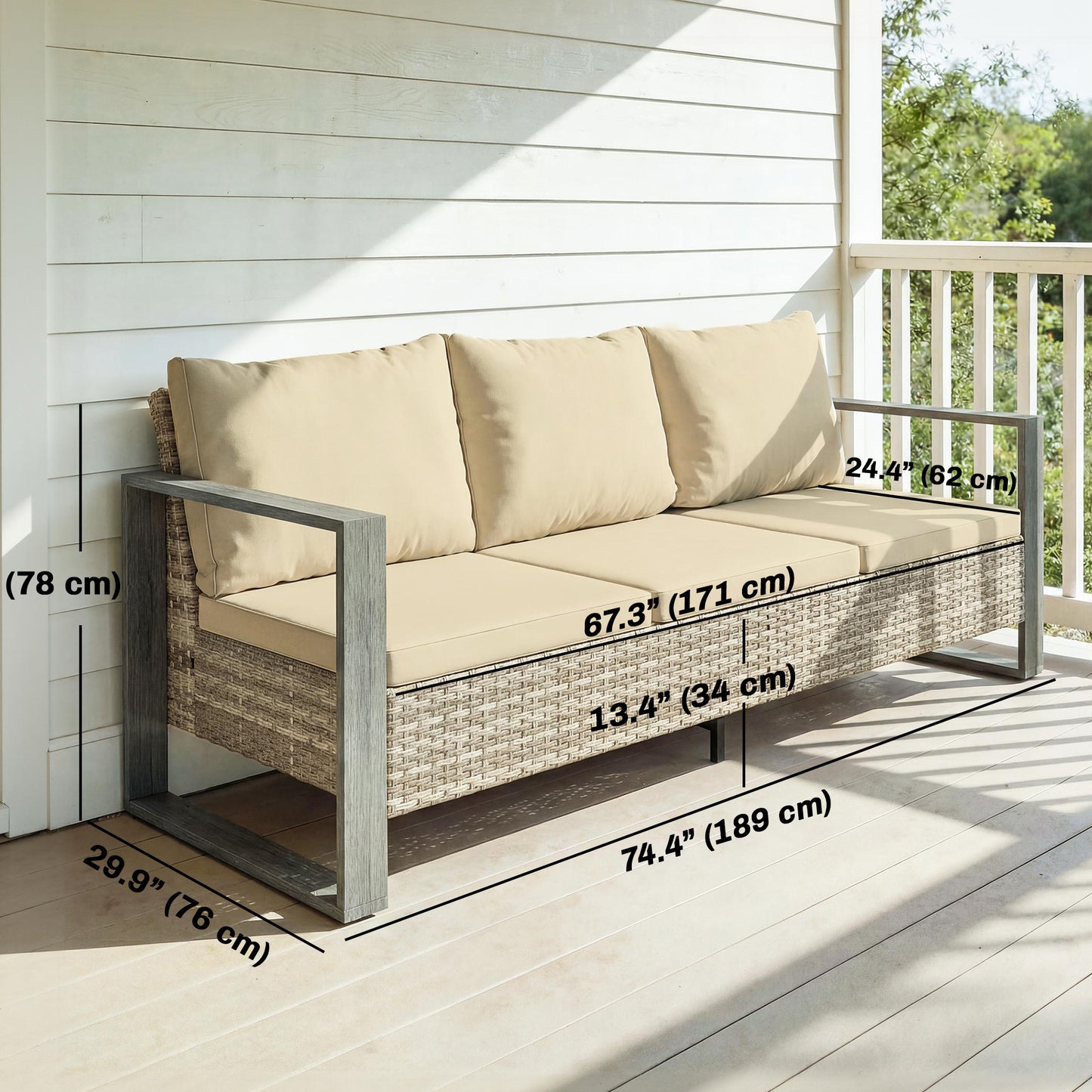 Canapé de patio 3 places avec coussins profonds — kaki