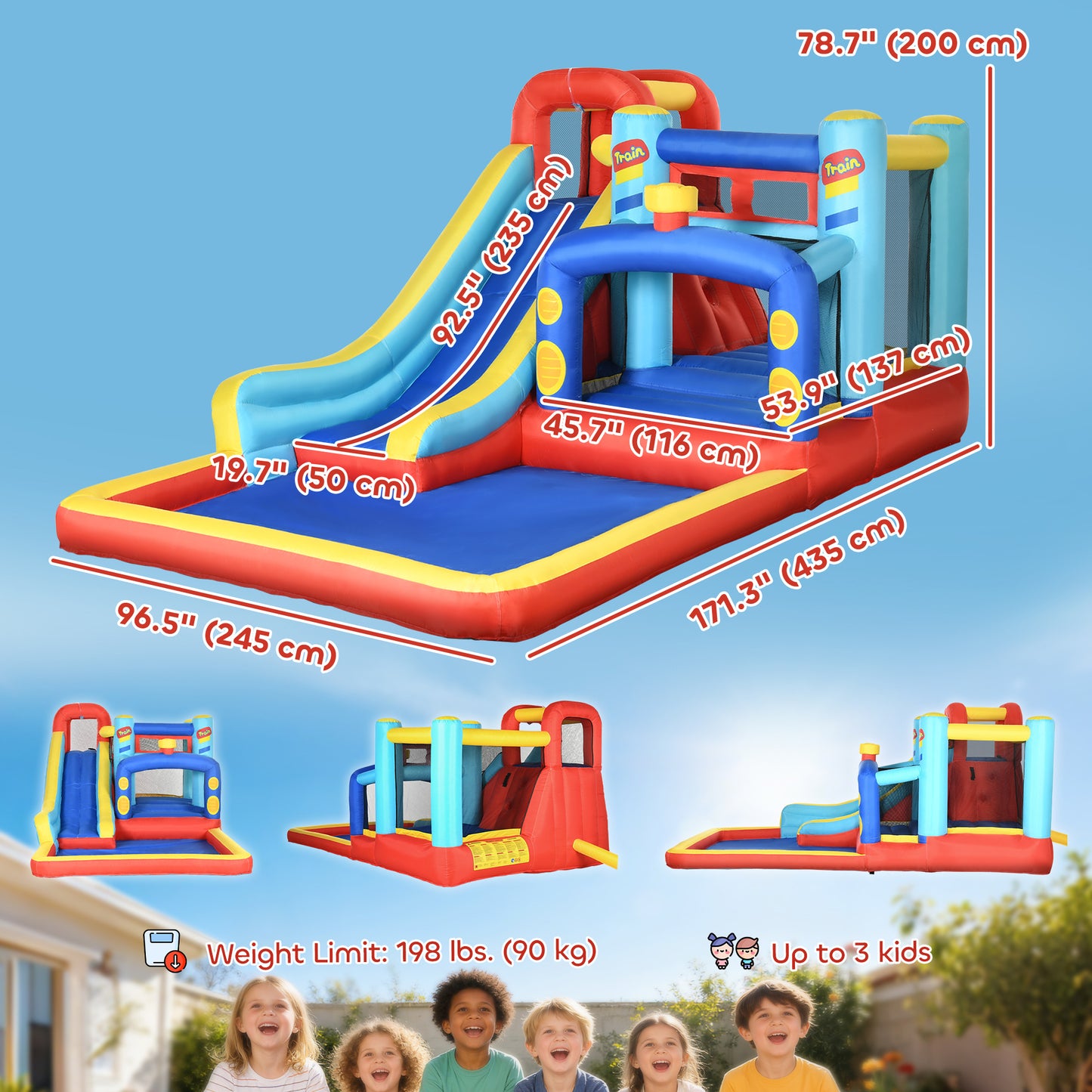 Château gonflable 4 en 1 avec glissade et piscine