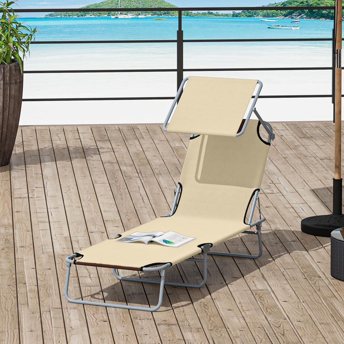 Chaise longue pliante avec auvent réglable
