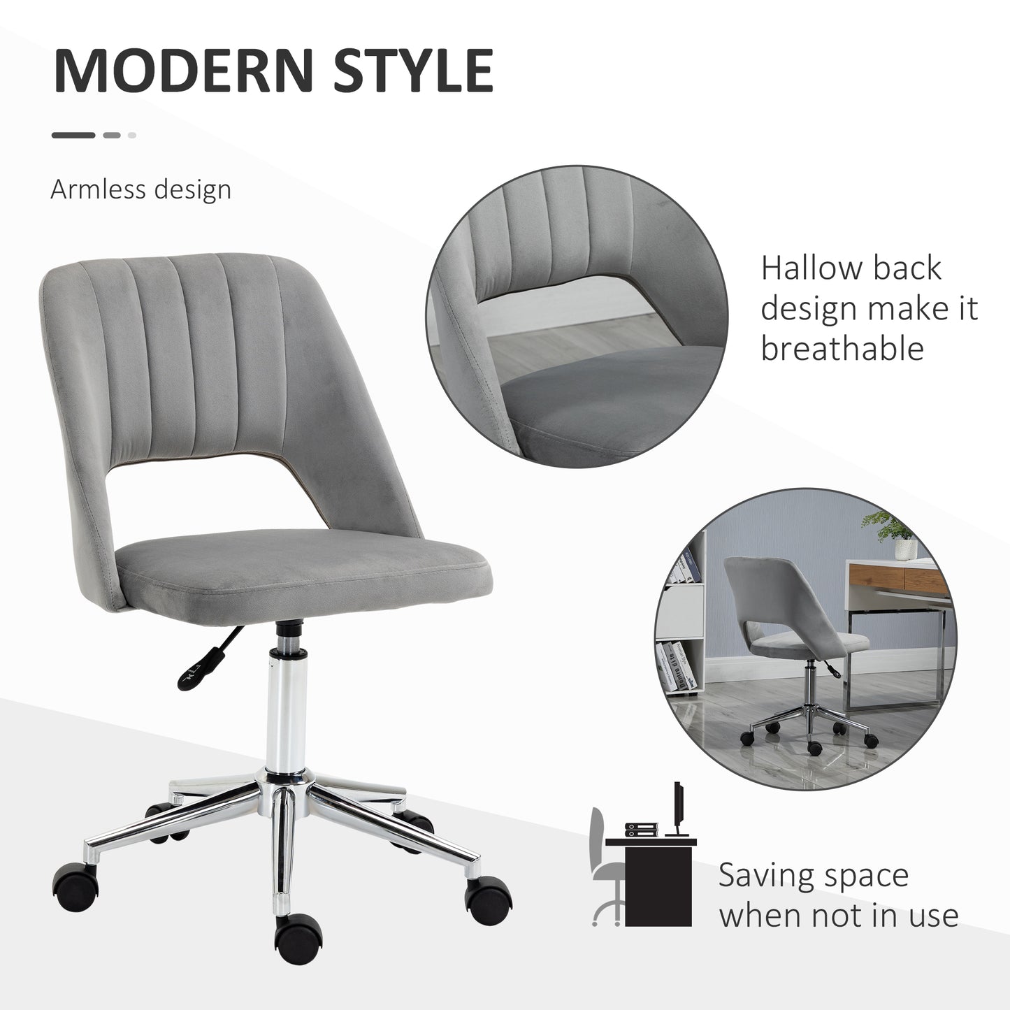 Chaise de bureau mi-hauteur velours forme festonnée pivotante