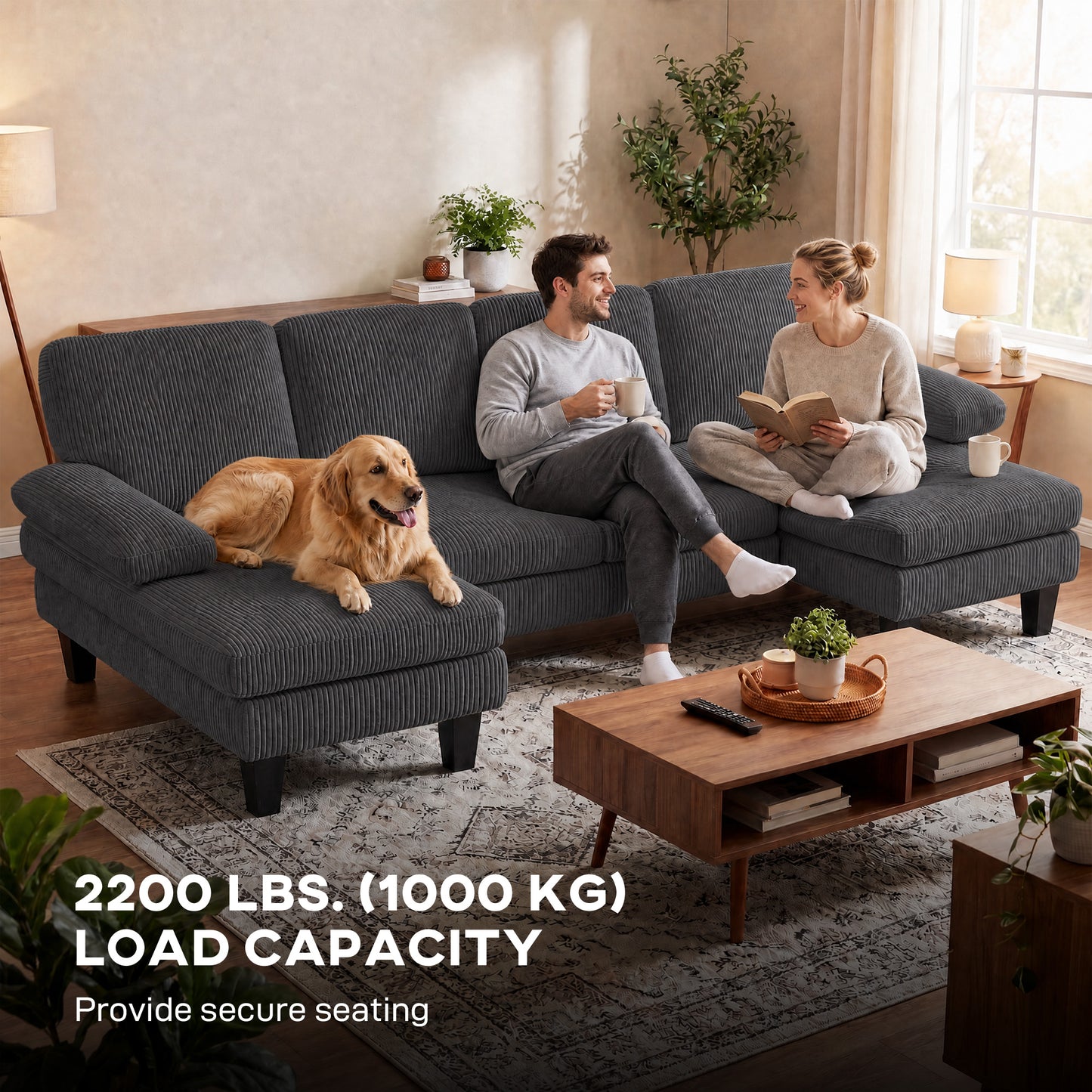 Sofa sectionnel en U avec double chaise en velours côtelé