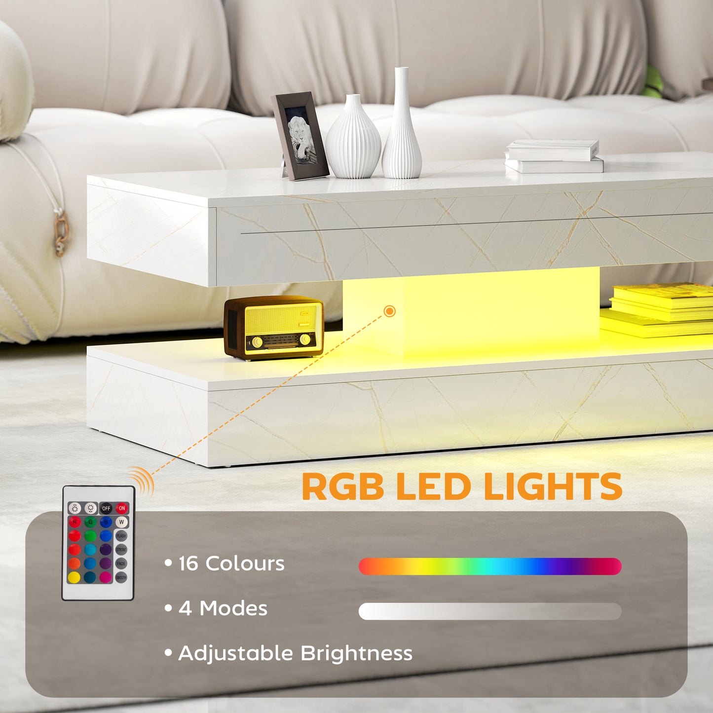 Table basse avec éclairage LED RGB ajustable
