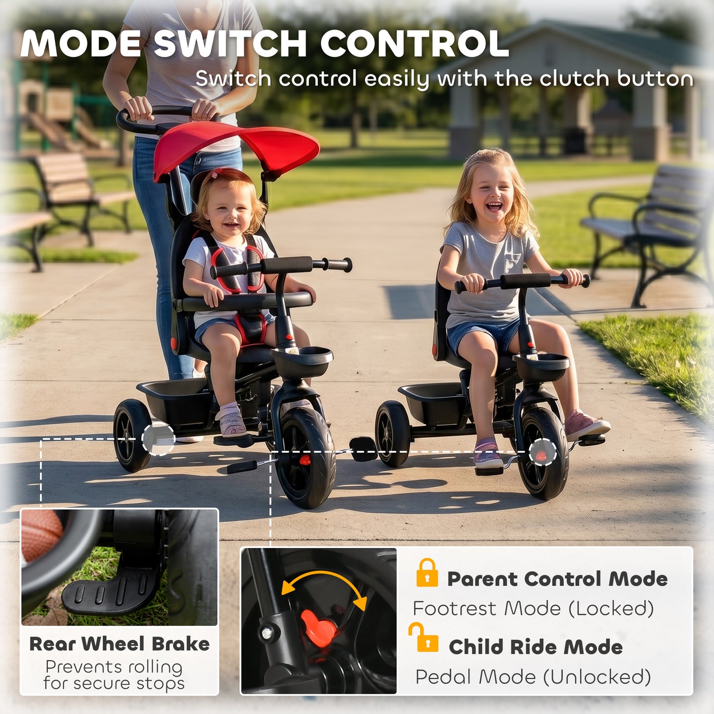 Tricycle évolutif 5-en-1 avec poignée parentale
