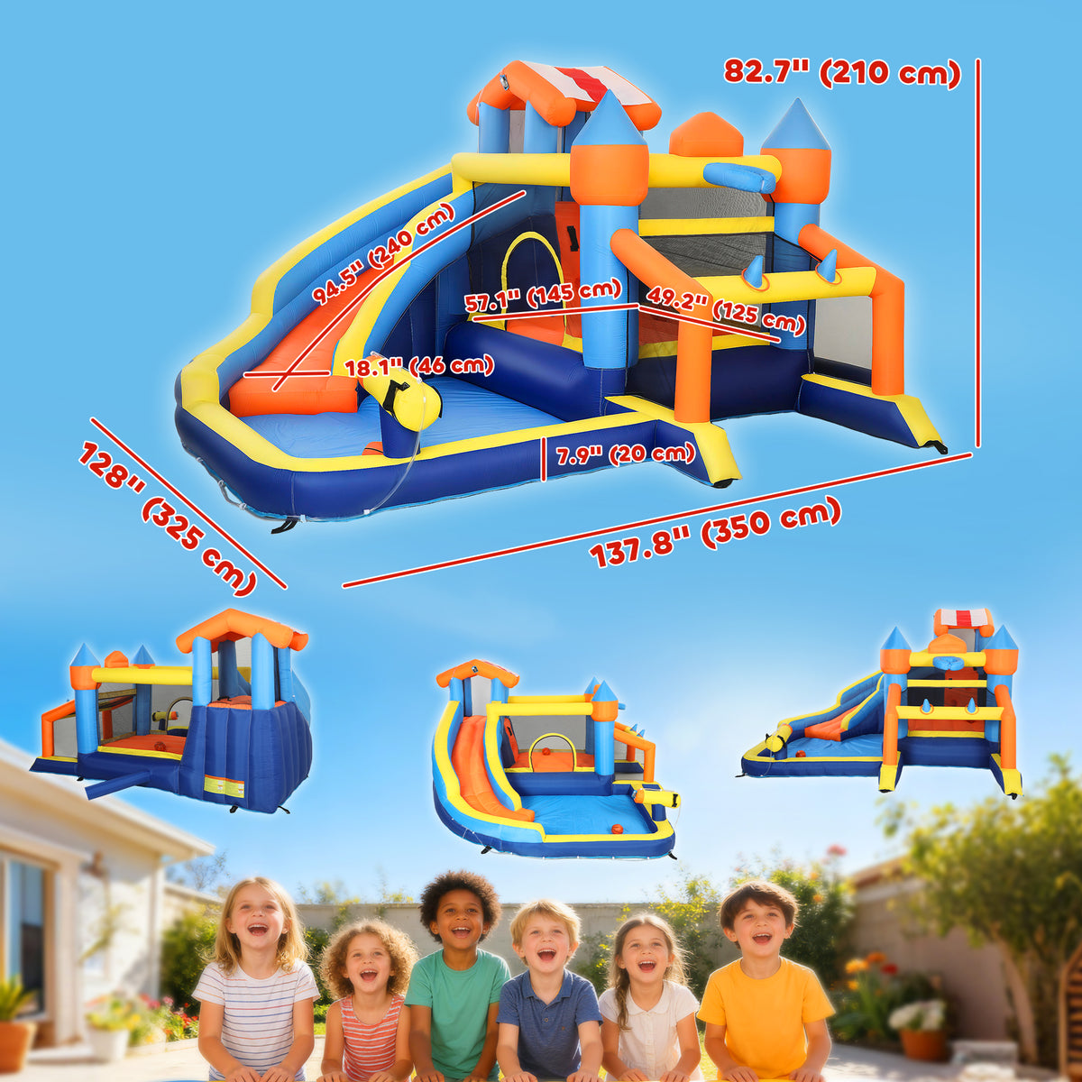 Château gonflable pour enfants avec toboggan et piscine