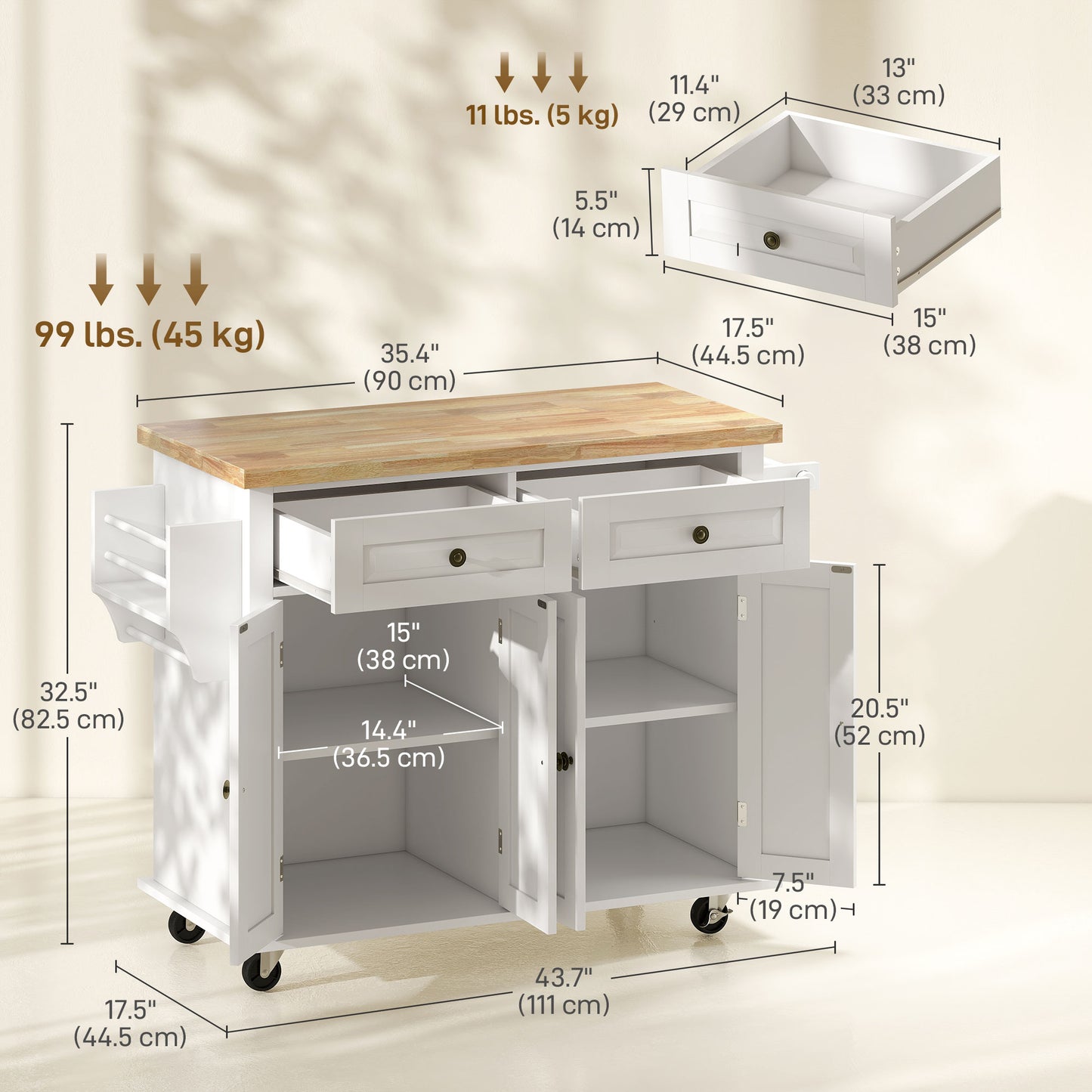 Îlot de cuisine mobile avec rangement et dessus bois