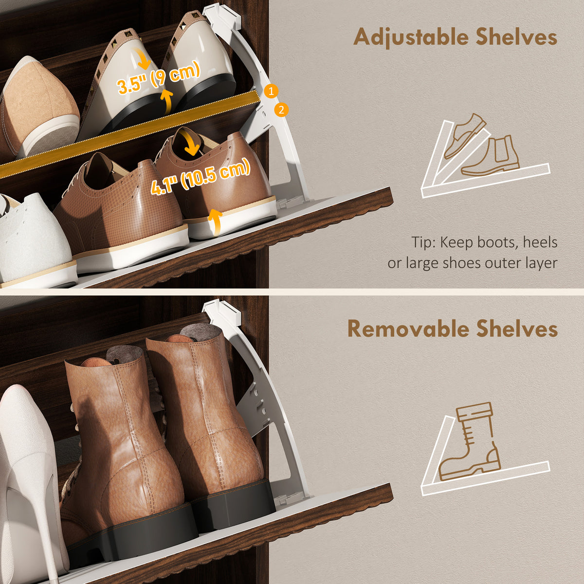 Meuble à chaussures étroit à 2 tiroirs abattants
