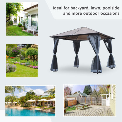 Gazebo aluminium toit rigide avec rideaux et moustiquaires