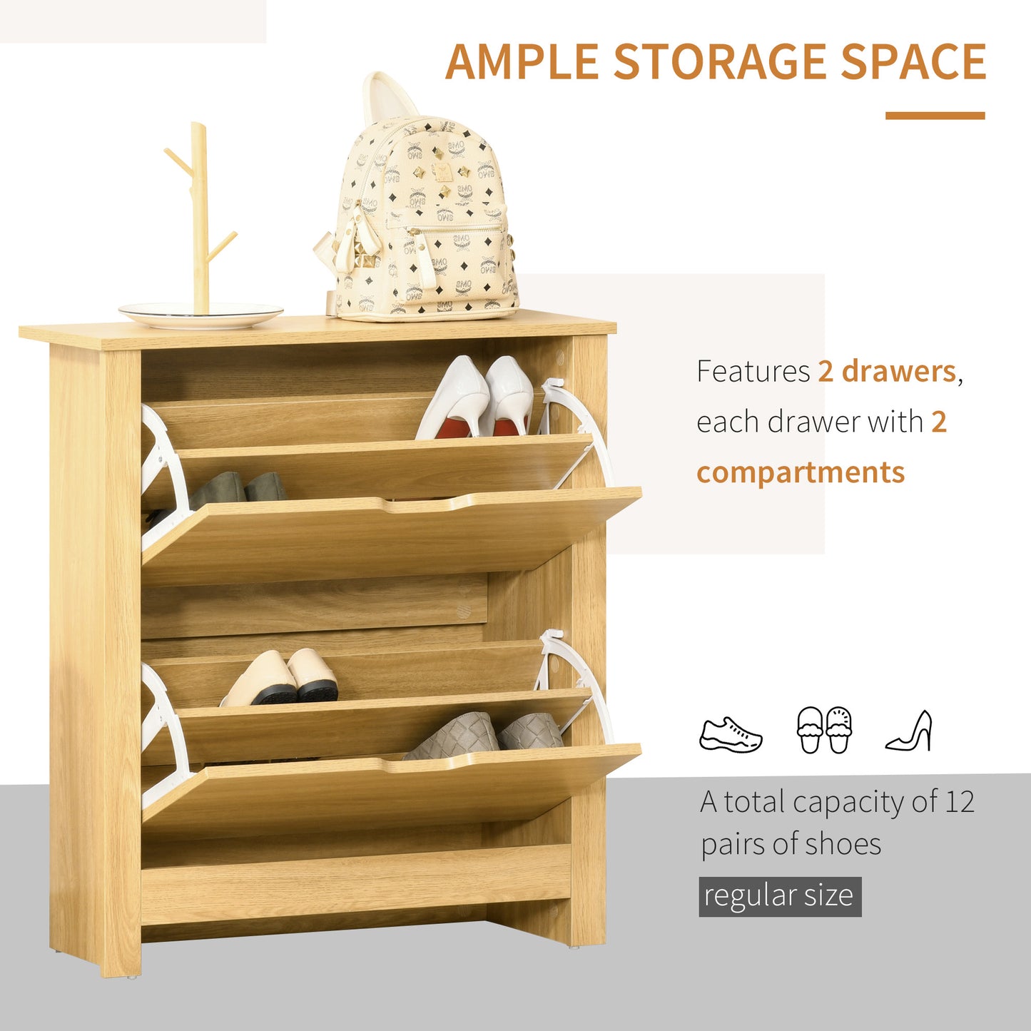Armoire à chaussures 2 tiroirs rabattables et tablettes ajustables