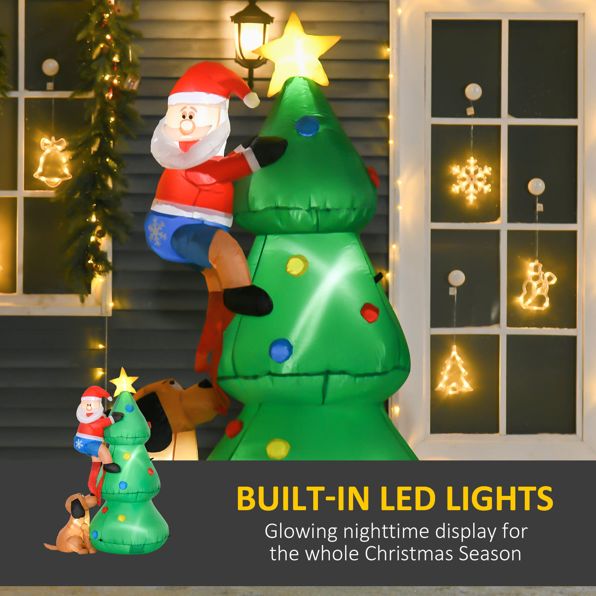 Sapin gonflable Noël avec LED, Père Noël et chien