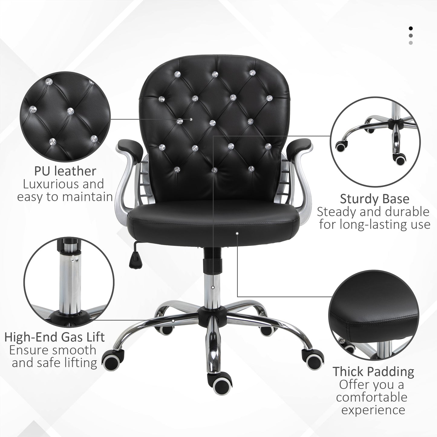 Chaise de bureau capitonnée cuir synthétique cristaux décoratifs