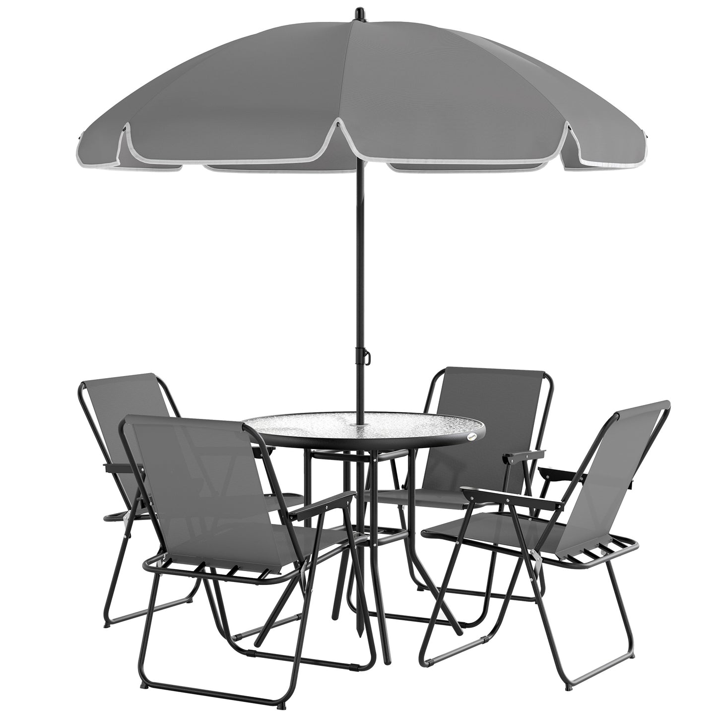 Ensemble repas extérieur 6 pièces avec parasol et table en verre