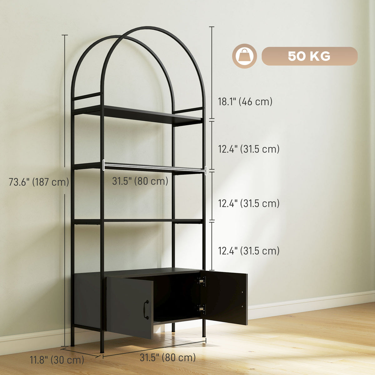 Bibliothèque arquée à 4 niveaux avec meuble de rangement