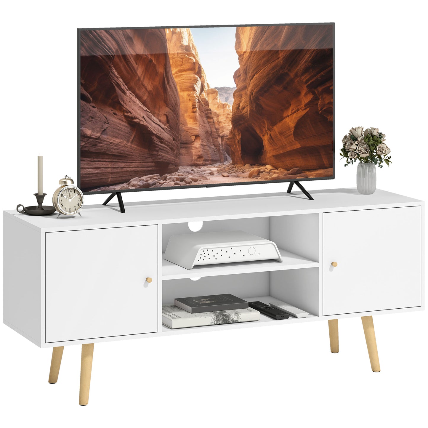 Meuble télé rangement 55 pouces pattes bois