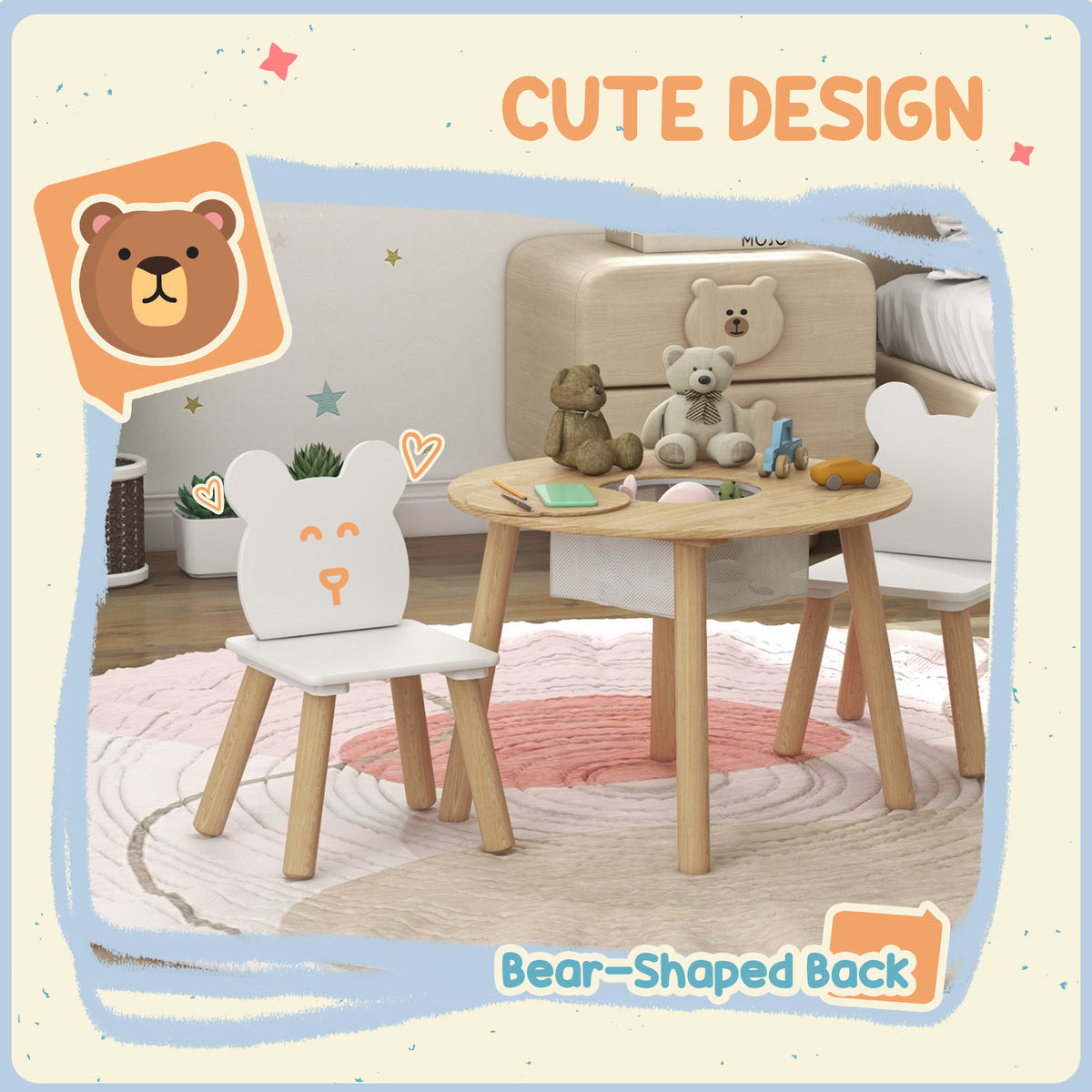 Ensemble table et chaises pour enfants motifs d'ours — Lot de 3