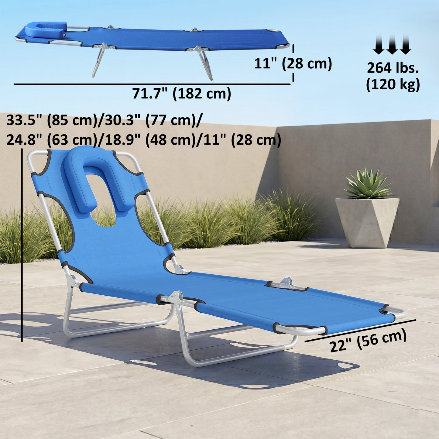 Chaise longue pliante 5 positions avec trou visage