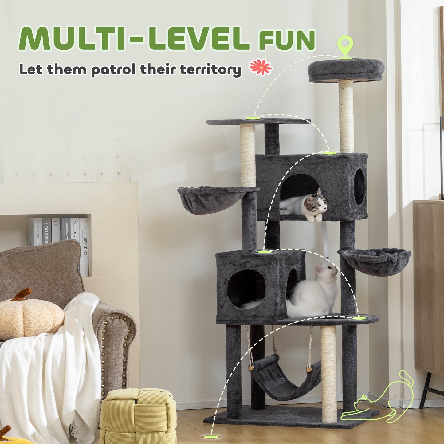 Arbre à chat multi-niveaux 168 cm avec condos et hamacs
