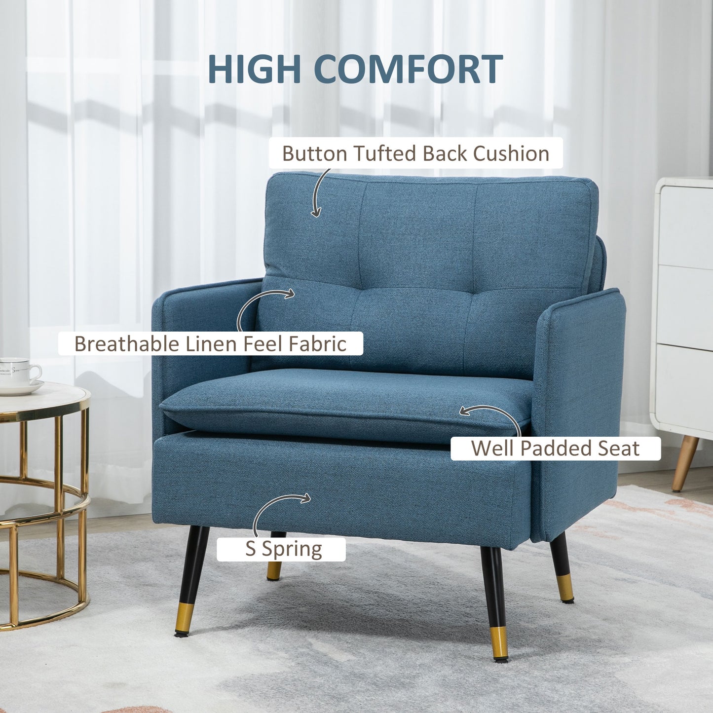 Fauteuil d'accent rembourré dossier capitonné pieds acier
