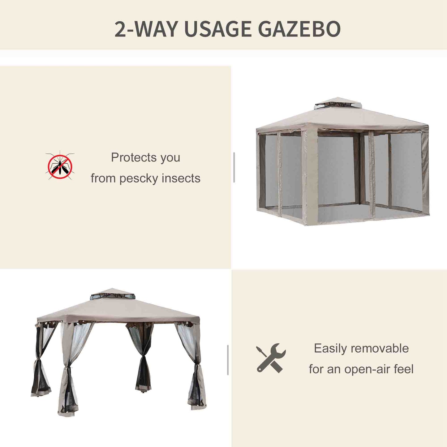 Gazebo patio toit double moustiquaire 2,9m x 2,9m