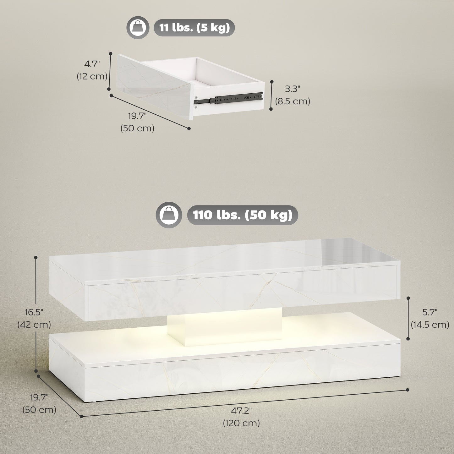 Table basse avec éclairage LED RGB ajustable