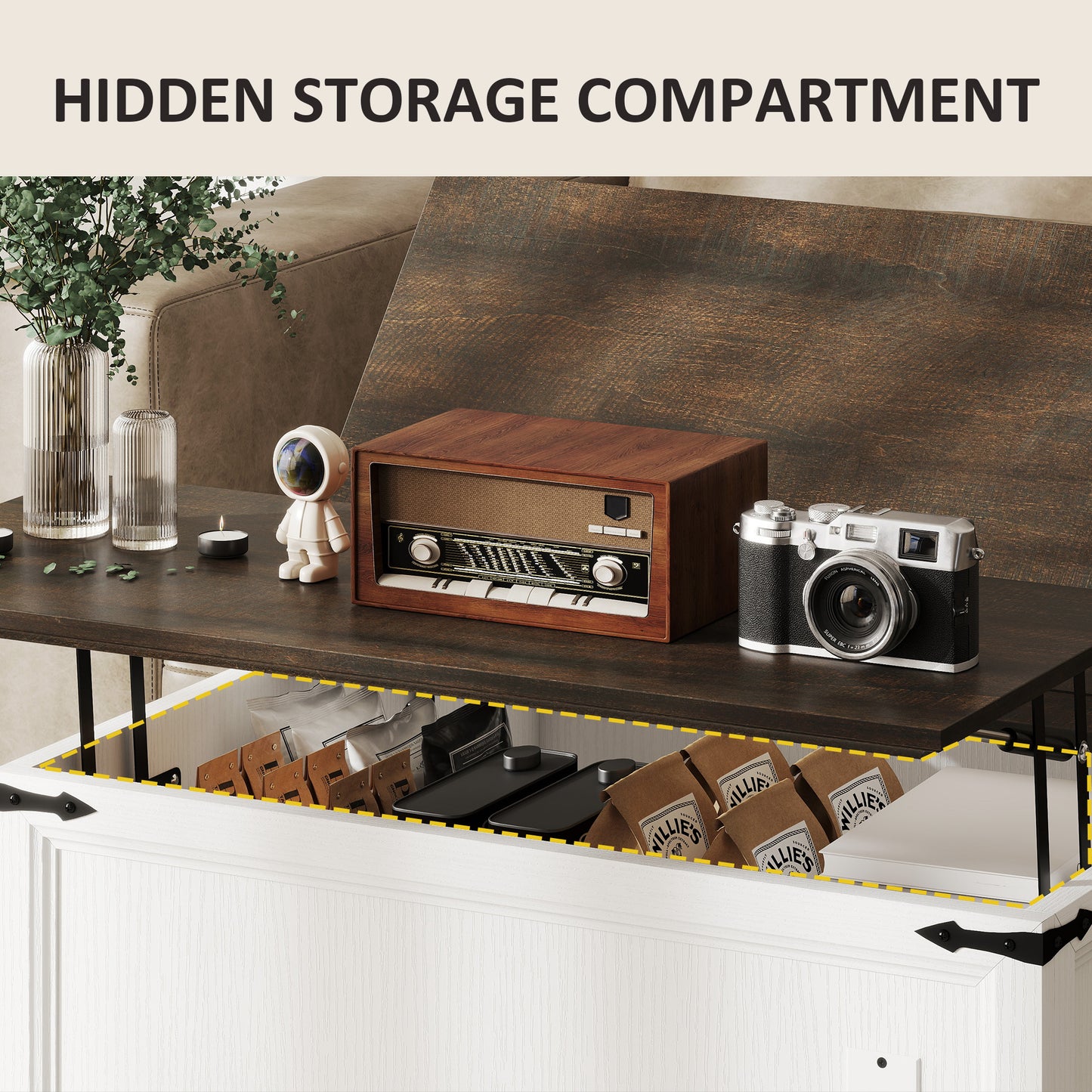 Table basse relevable avec station de recharge et rangement