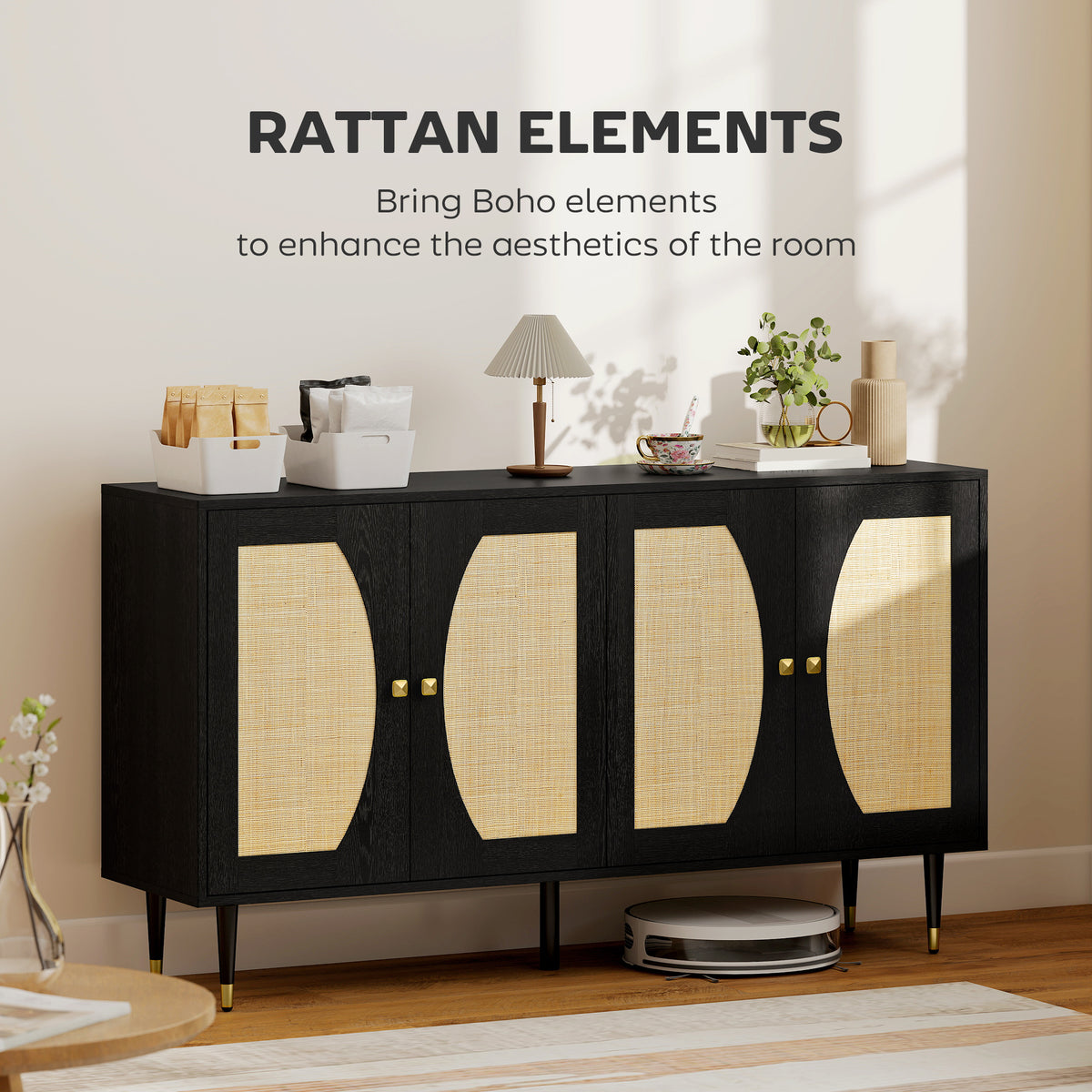 Buffet de rangement style bohème en rotin 140 x 38 x 79 cm