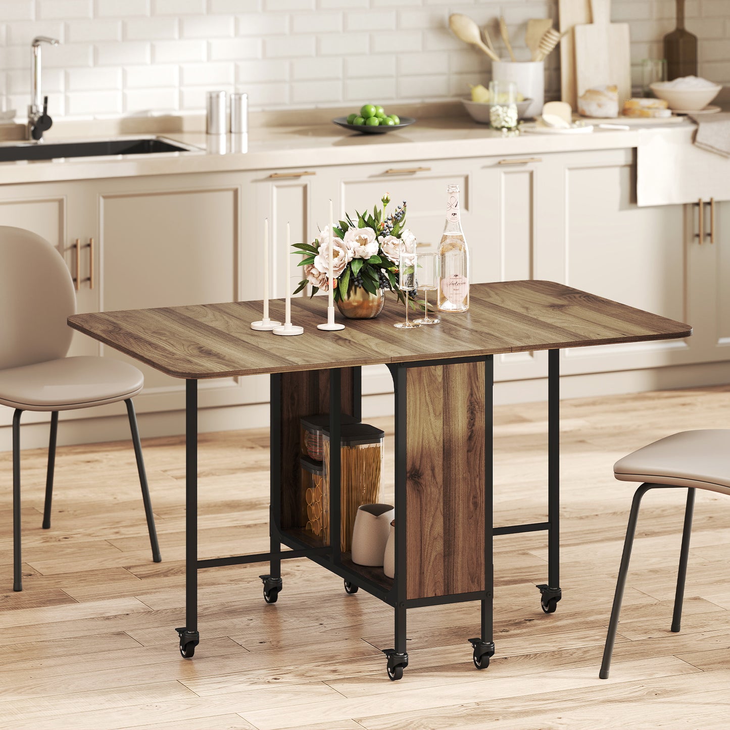Table à manger pliante extensible avec tablette et roulettes