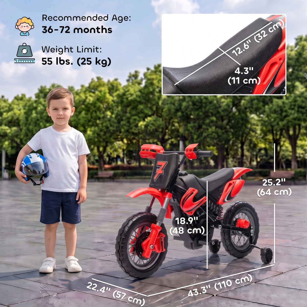 Moto électrique pour enfants 12V avec roulettes d'entraînement