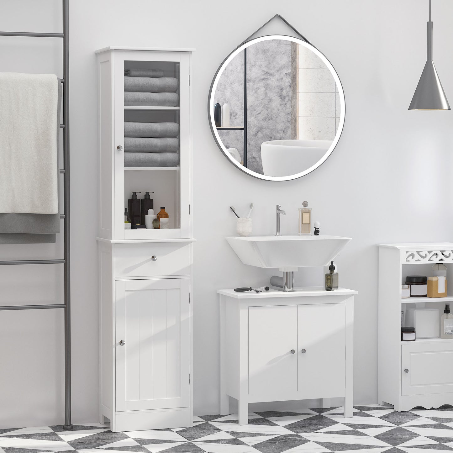 Armoire salle de bain haute avec tiroir et portes