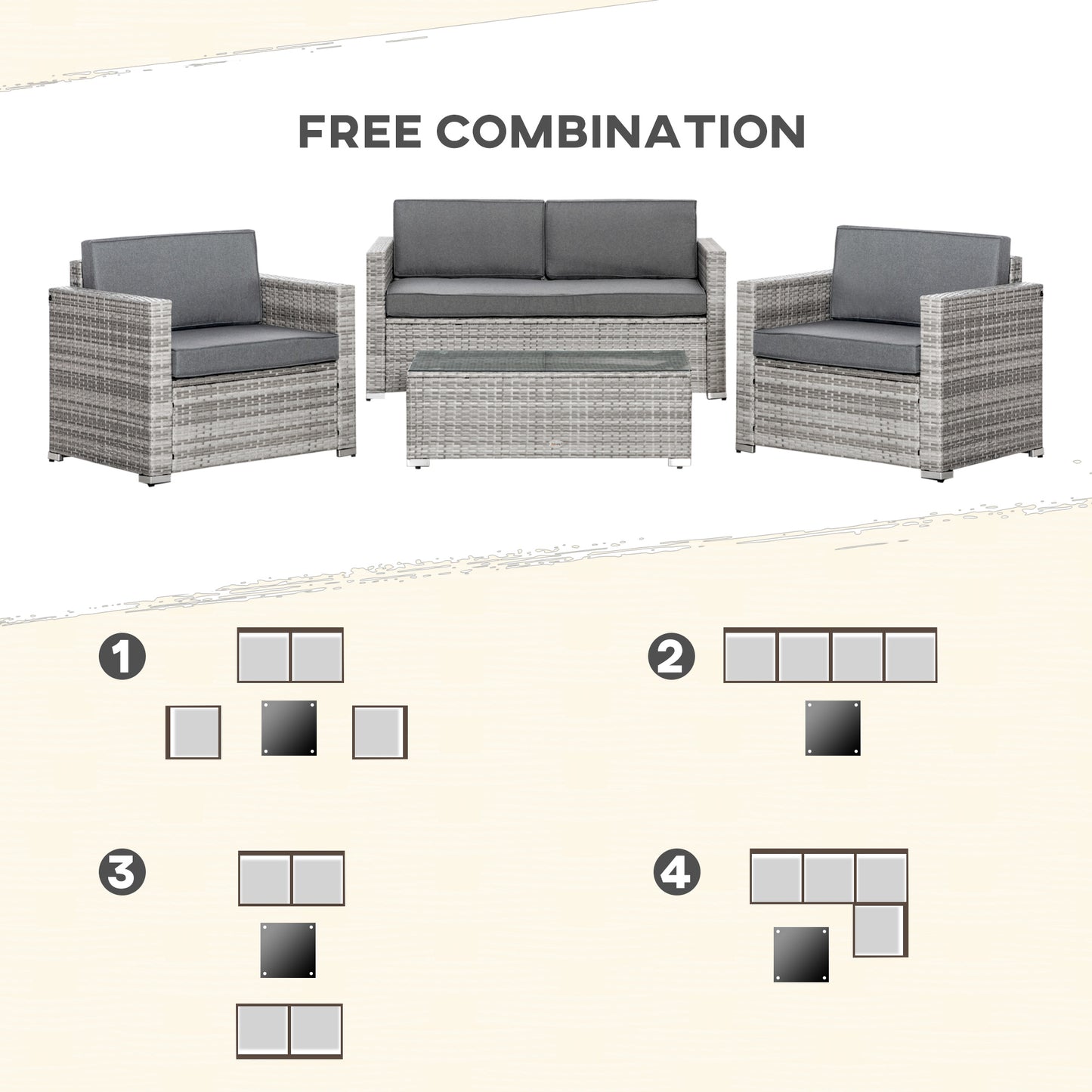 Outsunny 4 Pcs Rattan Patio Set - Thick Cushions, Mixed Grey